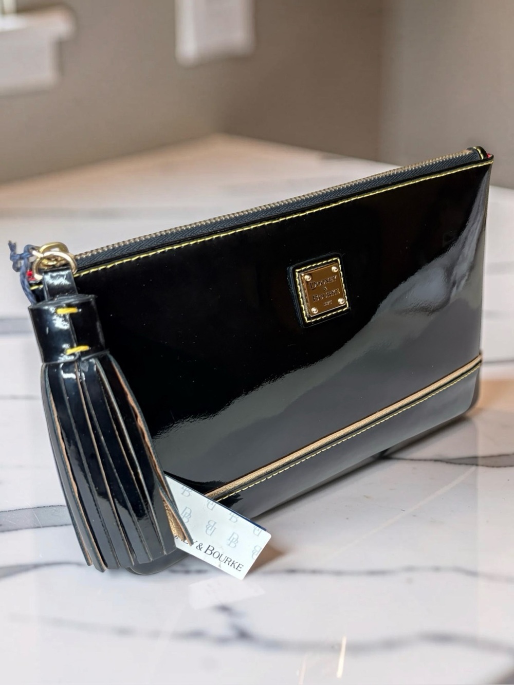 NWT Dooney & Bourke Black Patent Leather Clutch Wristlet Bag Statement Tassel - Picture 9 of 16